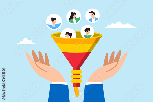 Businessman hand holds marketing funnel, illustrating process of lead generation and converting potential customers into sales. Concept of attracting prospects, and converting into paying customers