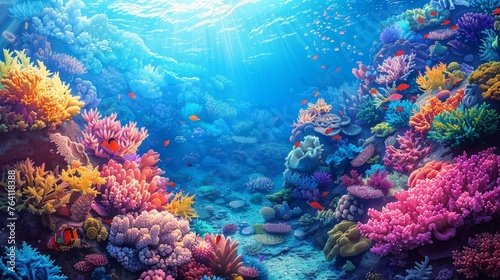 Vector Art of Underwater coral city, vibrant colors, wideangle, natural sunlight filter
