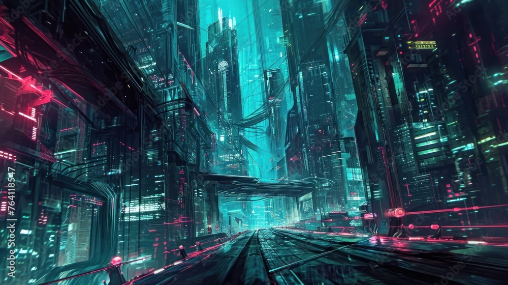 Close-up street view of a futuristic city cyberpunk.