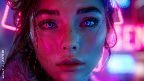Luminous digital close-up of a young woman s face accented by neon pink lighting effects