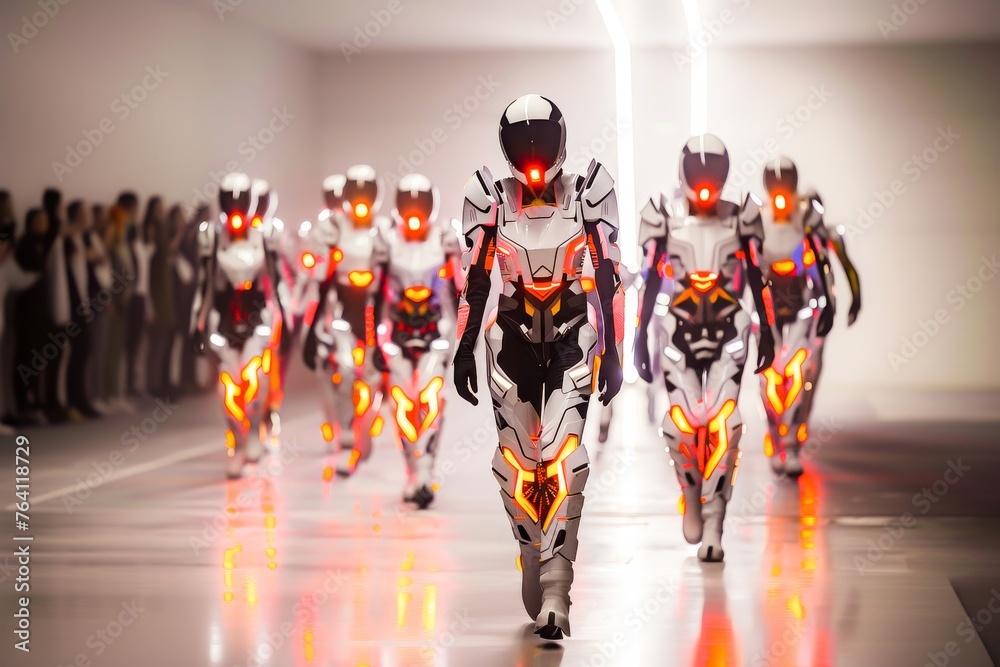 A group of futuristic robots marching in a fashion show with illuminated elements and a high-tech design.