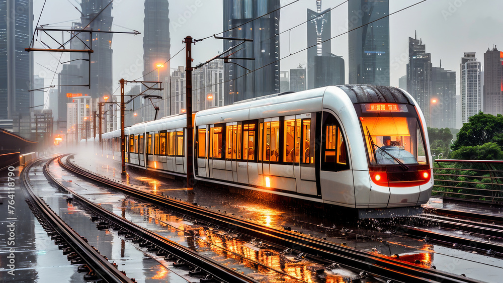 Naklejka premium A modern tram gliding through a rainy cityscape with dazzling reflections on wet surfaces and skyscrapers in the background.