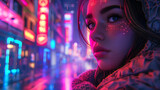 Engaging digital art portrait of a woman with dazzling neon city lights in the backdrop