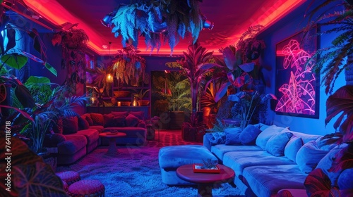 Adventure-filled jungle room with neon vines and exotic animals photo
