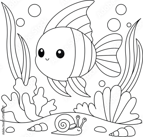 Cute Kawaii Sea Fish Cartoon Character Coloring Page Vector Illustration