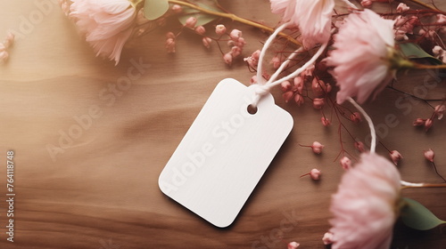 White label tag with pink flowers on wooden background. Design for wedding favor or Mother's Day gift with copy space. © ArtStockVault