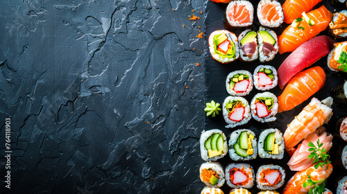 Delicious sushi set on black background banner. Japanese cuisine. Variety of different Sushi and rolls over dark background. seafood. Restaurant menu. sushi set nigiri, sashimi. Top view, copy space