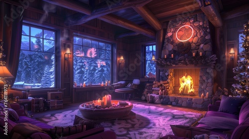 Cozy alpine lodge with neon fireplace and rustic charm