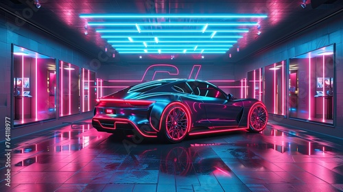 Electric vehicle showroom with neon outlines and innovative designs