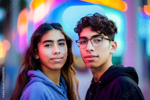 A portrait of two teenagers with colorful neon lights in the background, capturing a casual and joyful urban moment.