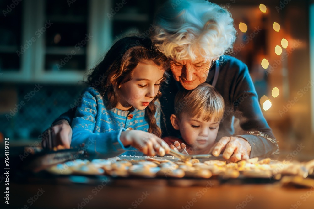 A cheerful grandmother bakes cookies with her young grandchildren, sharing a warm and festive family moment in the kitchen. A cheerful grandmother bakes cookies with her young grandchildren, sharing a warm and festive family moment in the kitchen.