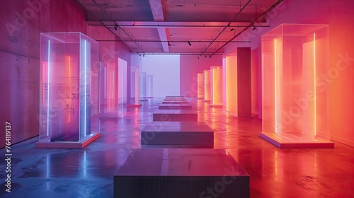 Modernist sculpture gallery with neon spotlights and abstract pieces
