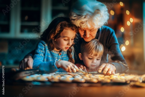 A cheerful grandmother bakes cookies with her young grandchildren  sharing a warm and festive family moment in the kitchen.
