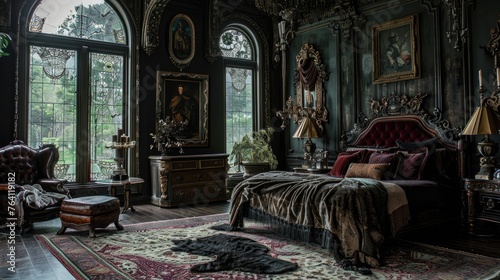 Modern Gothic bedroom with black walls and luxurious fabrics