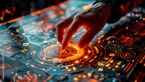 A tech-savvy hand interacts with a futuristic computer interface on an illuminated circuit board background.