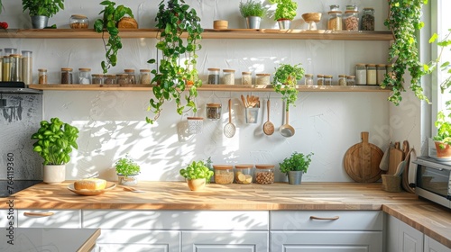 Sustainable and eco-friendly kitchen with recycled materials and green plants