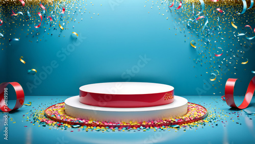Colourful Blue Display Background, Confetti ribbon podium background stage award platform, cosmetic display scene, confetti show presentation, ad, podium platform, product presentation space, advert