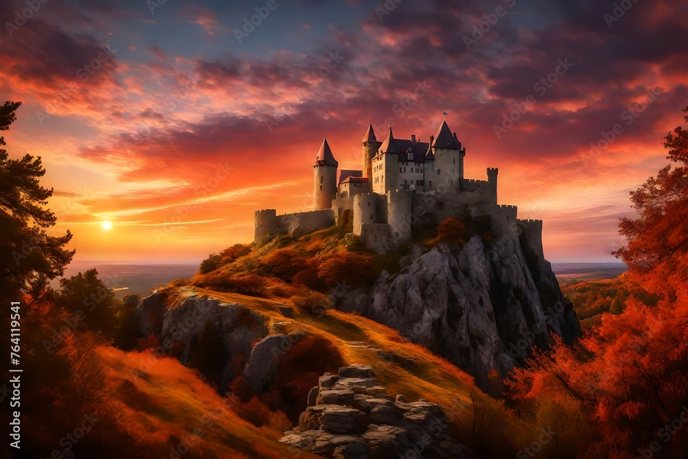 A medieval castle perched atop a rocky hill, framed by the colors of a stunning sunset sky.
