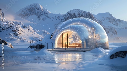 A futuristic igloo in the Arctic, made of heat-retaining transparent aluminum