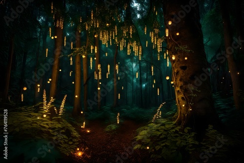 A cluster of fireflies lighting up the night in the depths of the forest, creating a magical display of twinkling lights amidst the trees.
