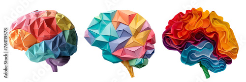 Colorful human brain origami paper cut style on white background