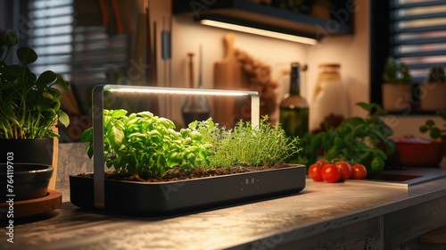 A smart indoor herb garden with LED grow lights photo