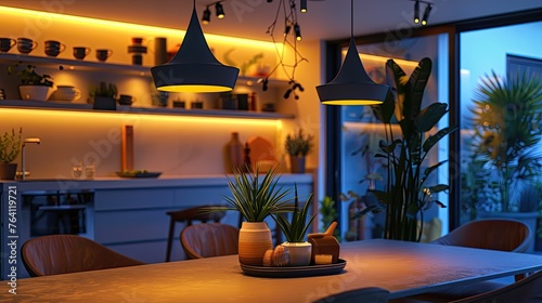 A smart lighting system illuminating a dining room