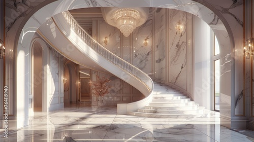 Elegant marble foyer with grand staircase and crystal chandelier