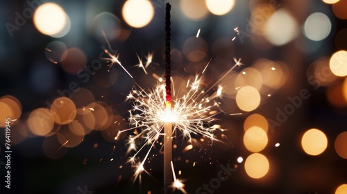 Close-up view of a burning sparkler fireworks in holiday celebration event party. photo