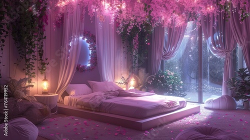 Enchanted fairy tale bedroom with delicate neon accents and soft pastels