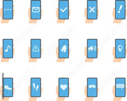 スマートフォン　プッシュ通知イメージイラスト　バリエーションセット
