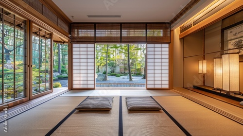 Japanese style bedroom with tatami mats and sliding shoji doors