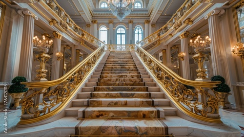 Grand gold staircase in a double-height entry hall