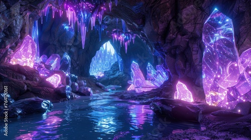 Mystical crystal cave with neon geodes and reflective surfaces photo