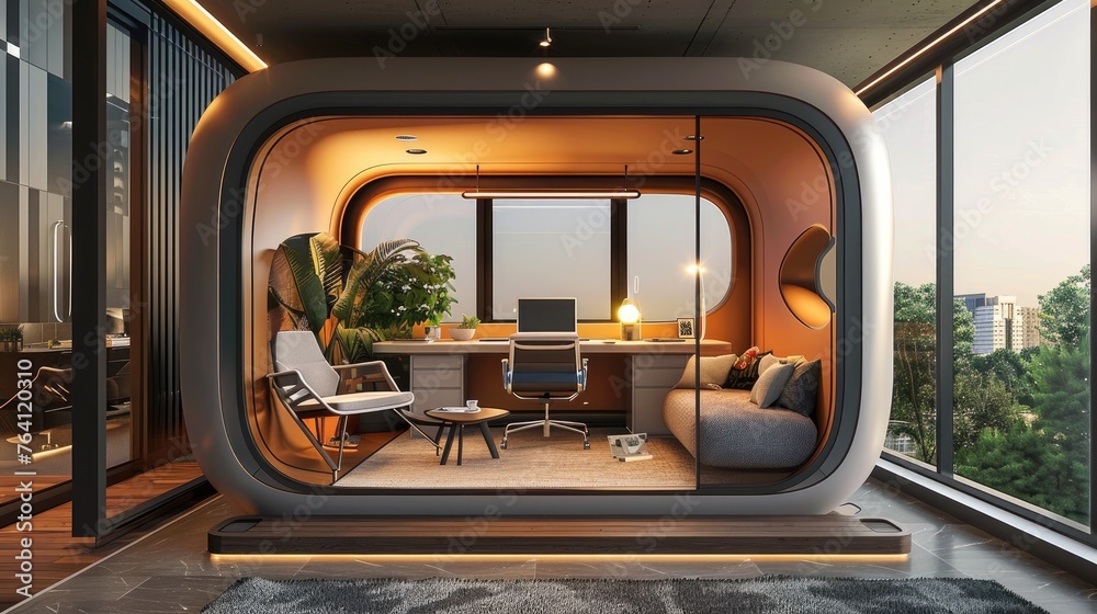 A compact home office pod with all necessary technology integrated A compact home office pod with all necessary technology integrated