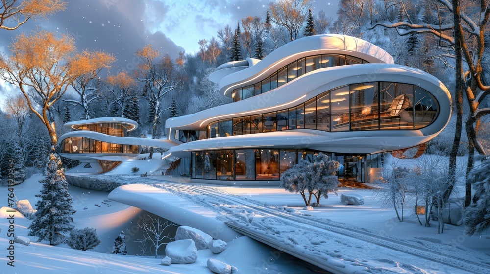 A futuristic chalet with heated driveways and walkways for snow-free access - obrazy, fototapety, plakaty 