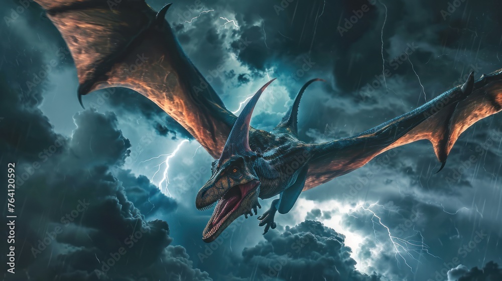 Fototapeta premium Flying dinosaur, Pterodactyl, flying in thunderstorm. Photorealistic.