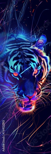 Linework Illustration Blue Neon Tiger with Streamlines moving fast Datastreams created with Generative AI Technology