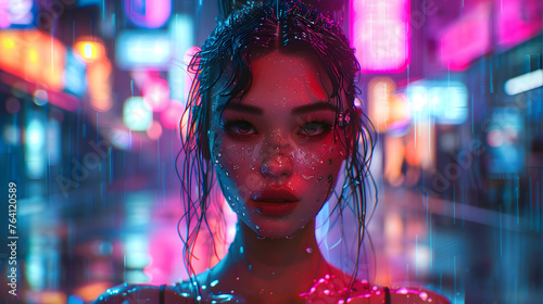 A digital artwork of a young woman under a neon-lit rain, with shimmering skin reflecting vibrant lights