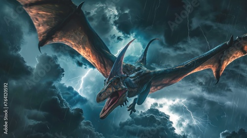 Fototapeta Naklejka Na Ścianę i Meble -  Flying dinosaur, Pterodactyl, flying in thunderstorm. Photorealistic.