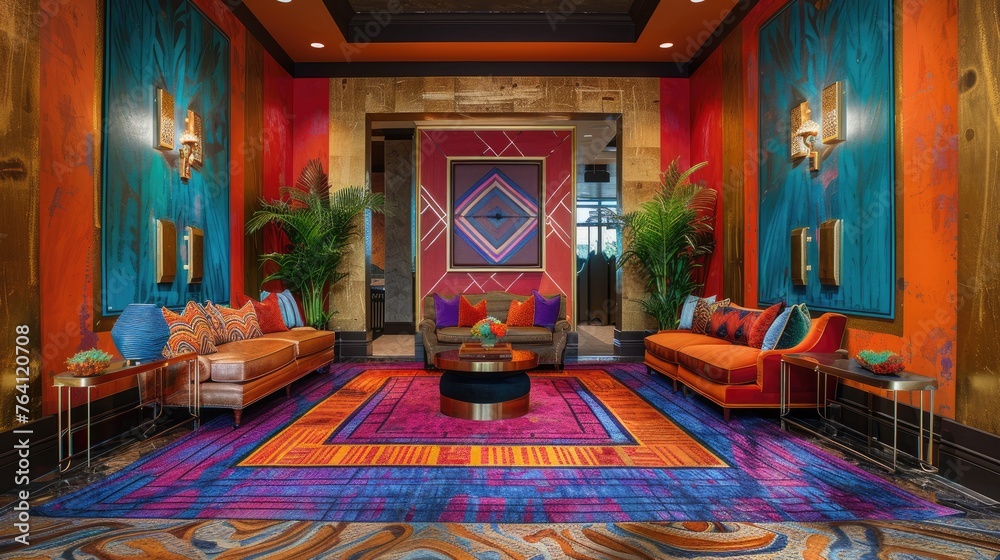 Obraz premium Art Deco inspired foyer with gold geometric patterns and bold colors