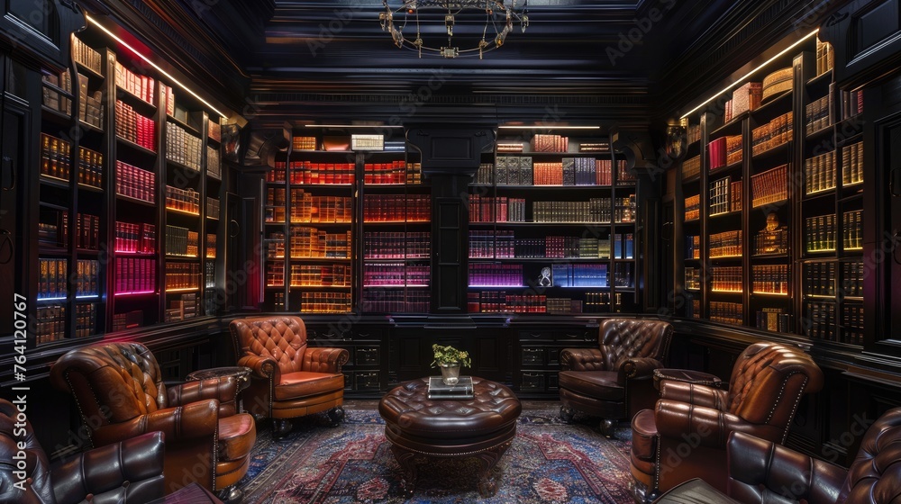 Classic English library with neon-lit bookcases and leather chairs