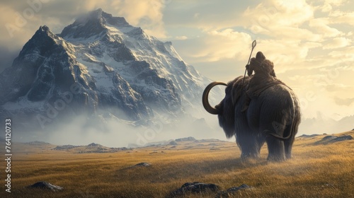 A warrior riding a mammoth in wild prehistoric times. Fantasy and surreal.