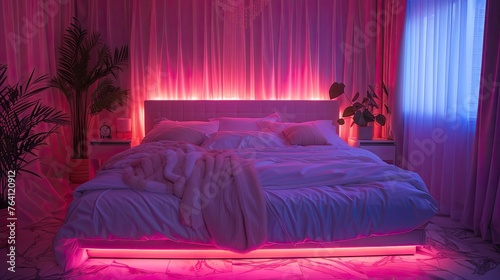 Romantic bedroom with soft neon lighting and luxurious fabrics