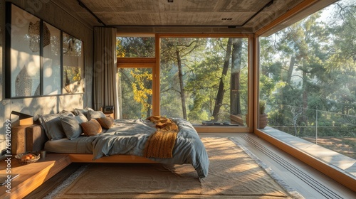 Smart windows that adjust transparency and tint for optimal natural lighting and privacy in a high-tech bedroom © Gefo