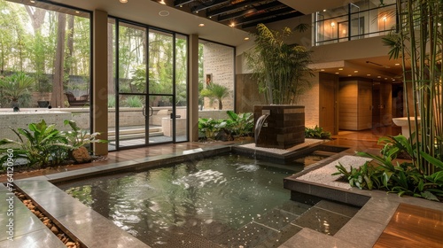 Soothing and natural spa reception with bamboo accents and tranquil water features
