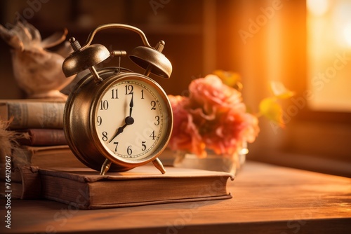 Vintage alarm clock on a weathered bedside table signaling the arrival of a new day photo