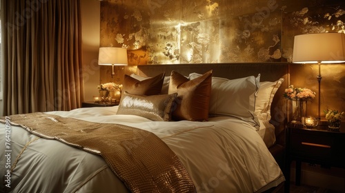 Sophisticated bedroom with gold leaf wallpaper and plush bedding