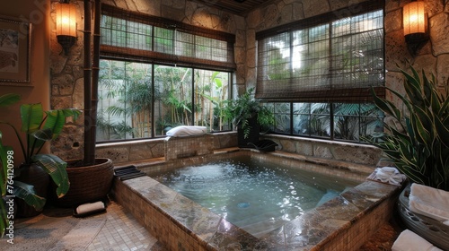 Tranquil spa bathroom with natural stone and a soaking tub