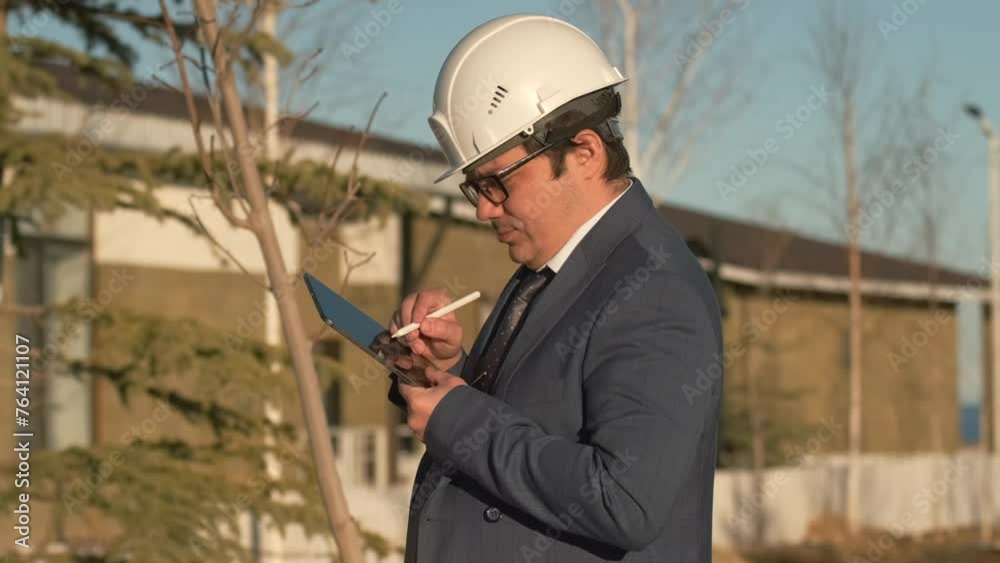 Strict inspector engineer checks communication internet connections, electricity looks at camera making notes on a digital tablet, standing against background of house in protective white helmet. Strict inspector engineer checks communication internet connections, electricity looks at camera making notes on a digital tablet, standing against background of house in protective white helmet.